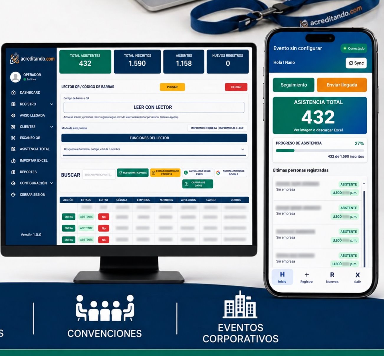 Event registration software connected to a computer and mobile phone
